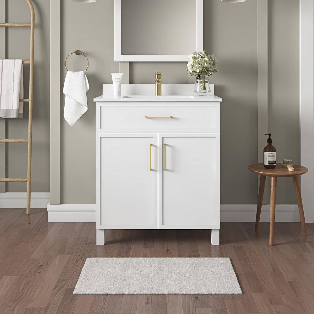 Home Decorators Collection Bilston 30 in. W x 19 in. D x 34.5 in. H Single Sink Bath Vanity in White with White Engineered Stone Top