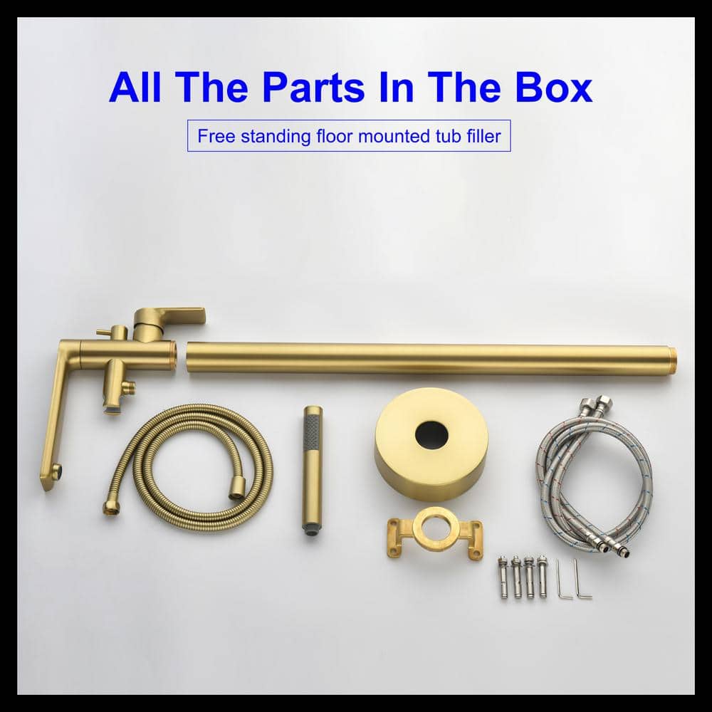 Brushed Gold Freestanding Tub Filler Faucet with Handheld Shower