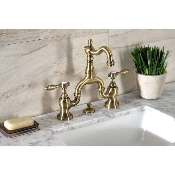 Kingston Brass French Country Bridge 8 in. Widespread 2-Handle Bathroom  Faucet with Brass Pop-Up in Antique Brass HKS7993TX - The Home Depot