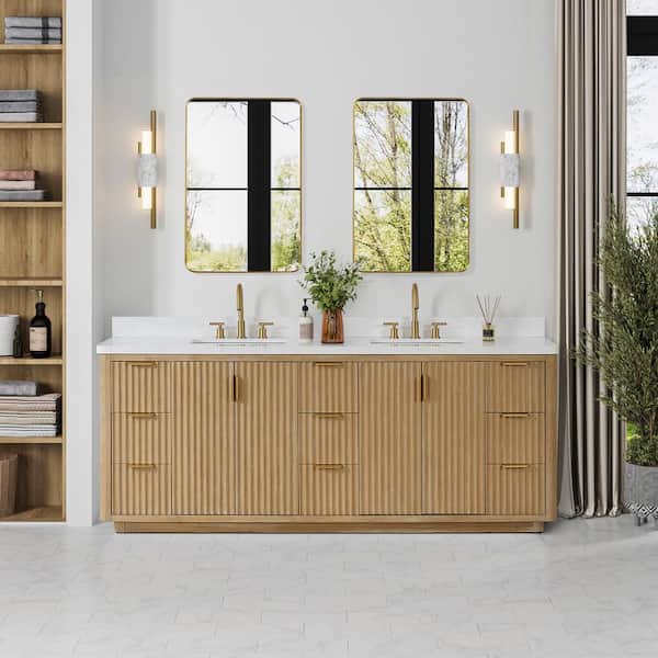 ROSWELL Cádiz 84 in. W. x 22 in. D x 34 in. H Double Bath Vanity in Washed Ash Gray with White Composite Stone Top and Mirror