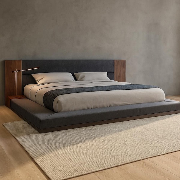 Noe Zen Dark Gray and Brown Walnut Frame Queen Size Platform Bed with 2-Nightstands