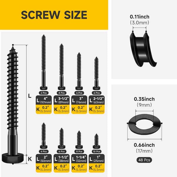 5lack 16枚セット MYWISH 96-Piece 5/16 in. Lag Screws and Washers Kit Black Oxide