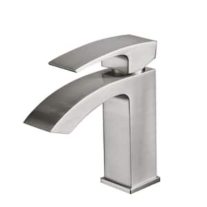 Single-Handle Single-Hole Waterfall Bathroom Faucet Deck Mounted Bathroom Sink Faucet in Brushed Nickel