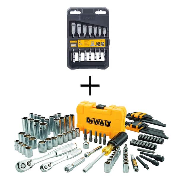DEWALT Stubby Ratcheting Metric Combination Wrench Set (7-Piece) and 1/4  in. x 3/8 in. Drive Mechanics Tool Set (108-Piece) DWMT19261W73801 The  Home Depot