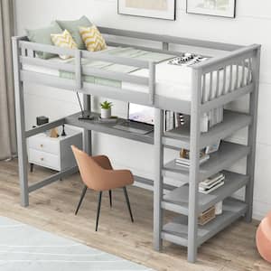 Modern Gray Wood Frame Twin Size Loft Bed with Under-Bed Desk, Storage Shelves and Built-in Ladder