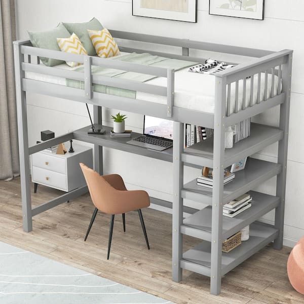 Harper & Bright Designs Modern Gray Wood Frame Twin Size Loft Bed with Under-Bed Desk, Storage Shelves and Built-in Ladder
