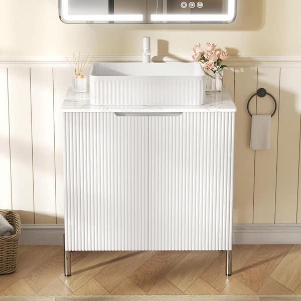 FAMYYT 30 in. W Freestanding Bathroom Vanity in White with White ...
