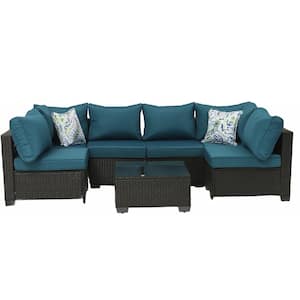 Outdoor Brown 7-Piece Wicker Patio Conversation Set with Peacock Blue Cushions and Pillows