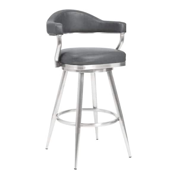 Benjara 30 in. Gray and Chrome Low Back Metal Frame Barstool with Faux Leather Seat