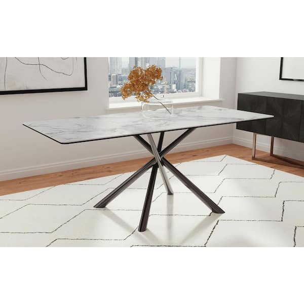 Coaster Carvell Contemporary Mirage White Sintered Stone Top Cross Legs 71 in. Dining Table Seats 6