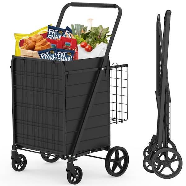 21.25 in. Shopping Cart, Extra Large Foldable Shopping Tool Cart with Dual Basket, Liner and 360° Rolling Swivel Wheels