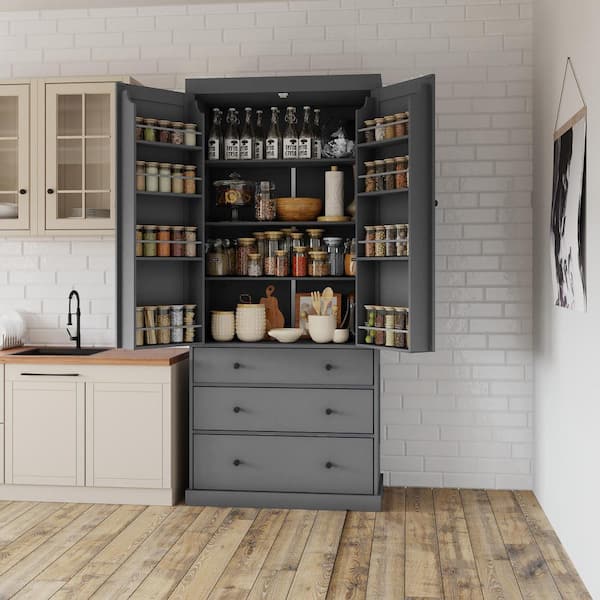 Gray MDF Wood 35 in. W Kitchen Island Freestanding Tall Cupboard Storage Cabinet with 3 Adjustable Shelves Drawers 20231225A79 The Home Depot