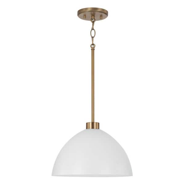 Ross 13 in. W x 8.75 in. H 1-Light Pendant in Aged Brass and White