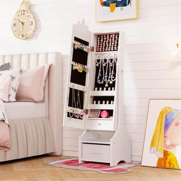 Costway White Wood 12.5 in. Kids Jewelry Cabinet with Full-Length Mirror Drawer 2-Adjustable Tilt Angles