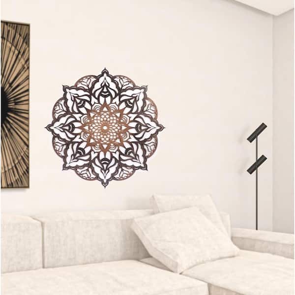 HomeRoots 33.5 in. x 33.5 in. Black, Gold Copper Solid Wood Geometric Mandala Wall Art 1-Piece