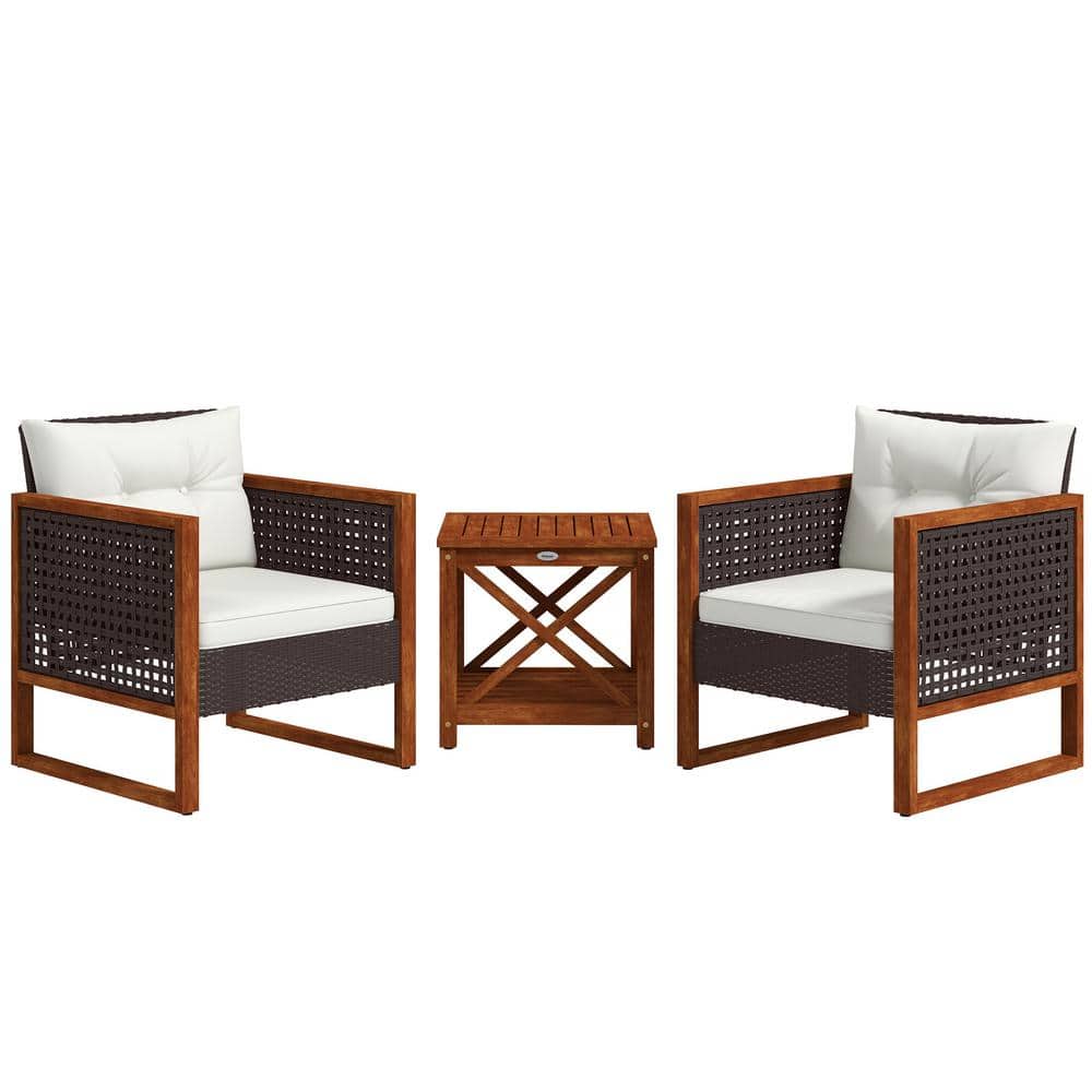 Brown 3-Piece PE Rattan Wood 19 in. Square Outdoor Bistro Set with Beige Cu
