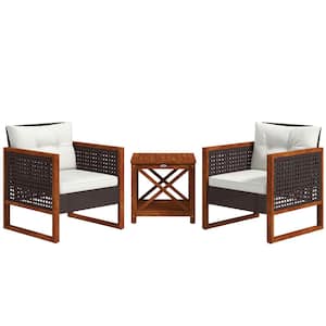 Brown 3-Piece PE Rattan Wood 19 in. Square Outdoor Bistro Set with Beige Cushions