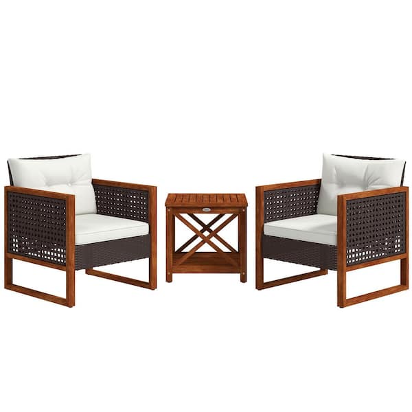 Outsunny Brown 3-Piece PE Rattan Wood 19 in. Square Outdoor Bistro Set with Beige Cushions