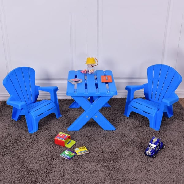 3-Piece Plastic Top Blue Children Kids Table and Chair Set Play Furniture In/Outdoor