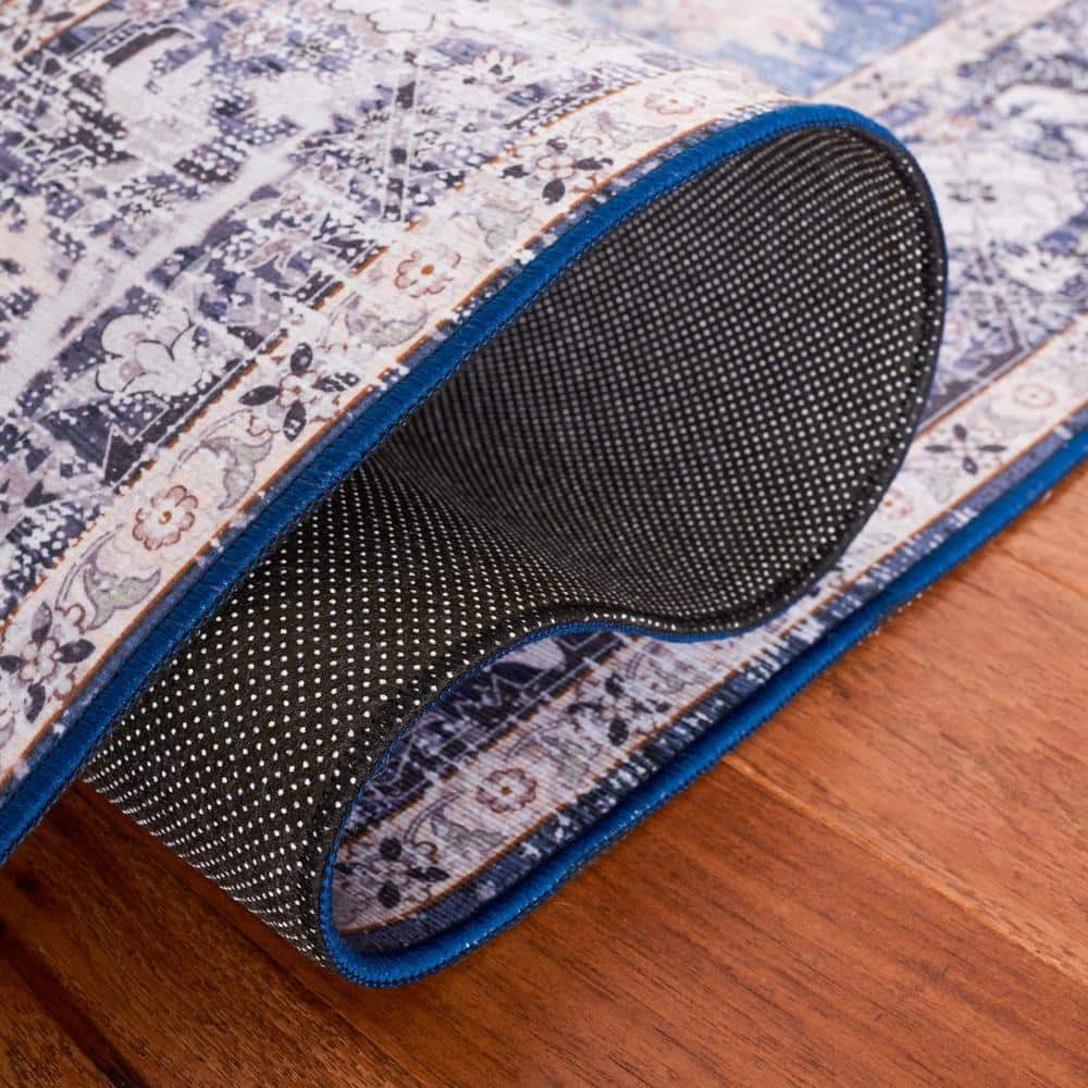 8' x 10' Blue and Charcoal Washable Synthetic Area Rug
