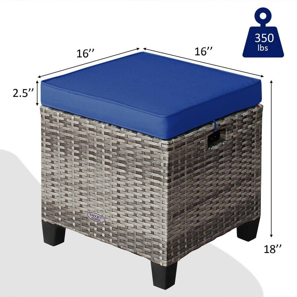 Mix Gray Steel Frame Outdoor Ottomans with Navy Cushions, 2 Pack