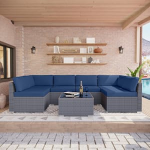 Gray 7-Piece Wicker Outdoor Patio Conversation Set with Blue Cushions
