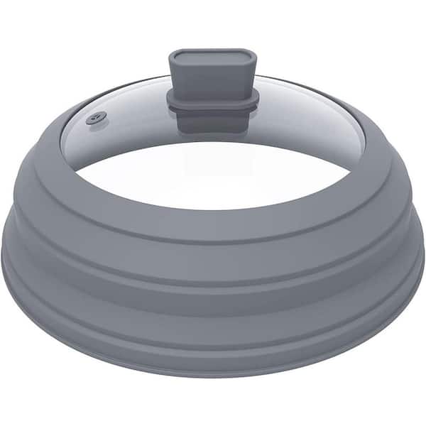 11.8 in. Light Grey Glass Microwave Splatter Guard Lid with Collapsible Silicone for Food Pot Plate Cover