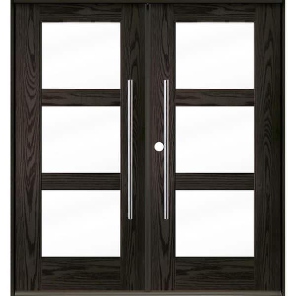 Krosswood Doors Faux Pivot 72 in. x 80 in. Right-Active/Inswing 3-Lite Clear Glass Baby Grand Stain Double Fiberglass Prehung Front Door