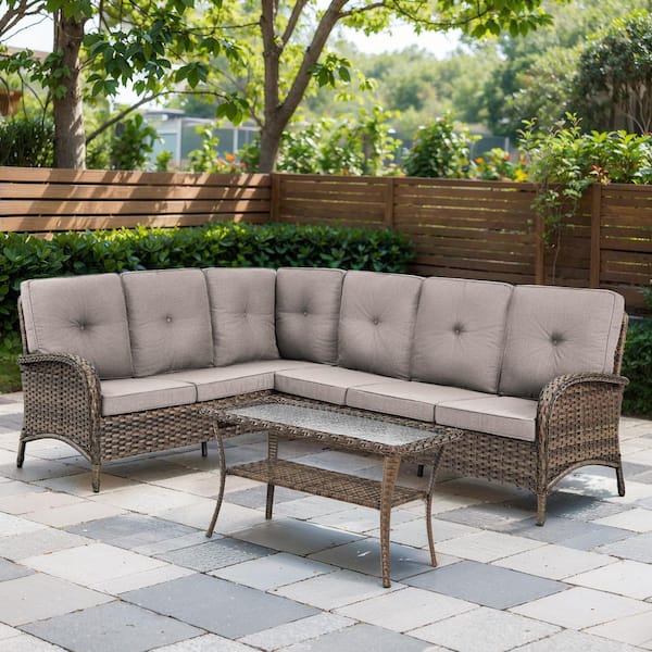 SleekArm 3-Piece Brown Wicker Outdoor Sectional Set with Olefin Beige Cushions and L-Shaped Sofa/Coffee Table