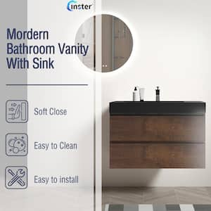 NOBLE 36 in. W x 18 in. D x 25 in. H Single Sink Floating Bath Vanity in Wood with Black Solid Surface Integral Top