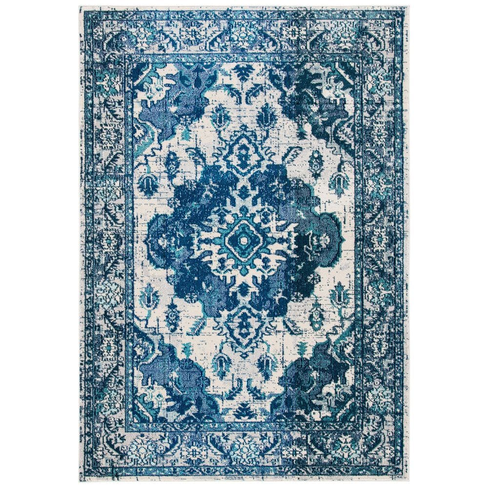 Ivory and Blue Distressed Boho Chic 8' x 10' Area Rug