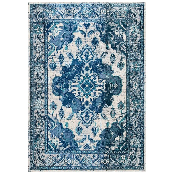 Monaco Ivory/Blue 9 ft. x 12 ft. Distressed Border Medallion Area Rug