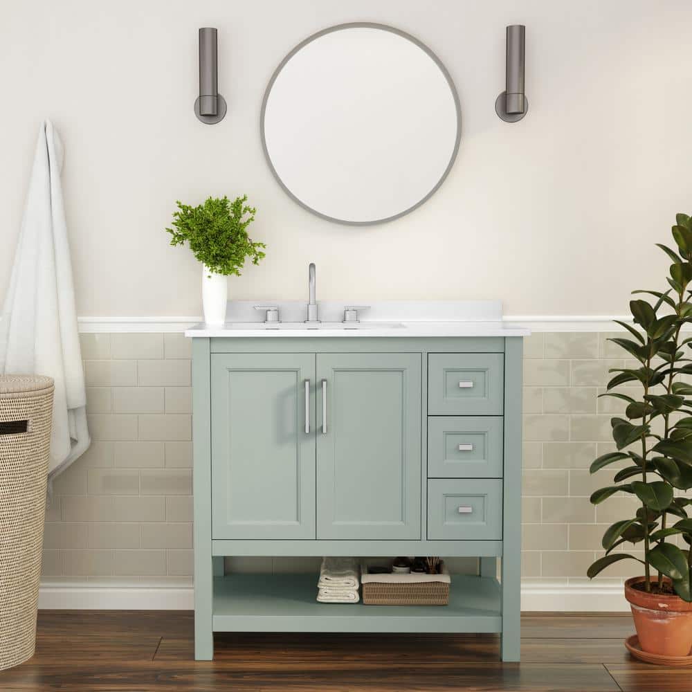Vega 36 in. Sage Green Bathroom Vanity w/ Sink, Storage Cabinet, Open Shelf, White Carrara Marble Stone Countertop price history on PriceWatchPro