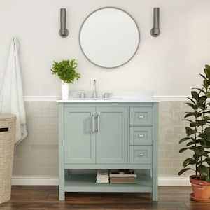 Vega 36 in. Sage Green Bathroom Vanity w/ Sink, Storage Cabinet, Open Shelf, White Carrara Marble Stone Countertop