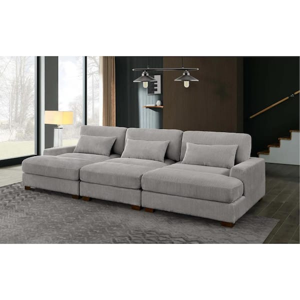 Monland 128 in. Square Arm Polyester Corduroy Upholstery Rectangle Deep-Seated Oversized 3-Pieces Sectional Sofa in. Light Grey