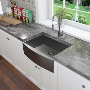 R10 Radius Farmhouse Apron-Front 16G Stainless Steel 30 in. Single Bowl Workstation Kitchen Sink in Gunmetal Black