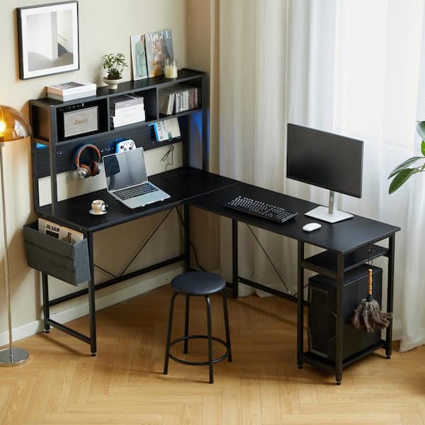 CSC DECOR INC 94.5 in. L-Shape Black MDF Computer Desk with Stool, LED Light and Storage Shelves Metal Pannel Office Desk Gaming Desk