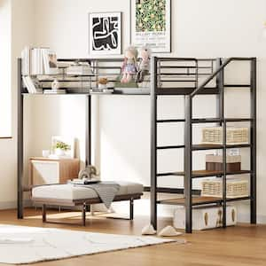 Black Twin Size Metal Loft Bed with Upper Bedside Grid Storage Shelf and Lateral Storage Ladder