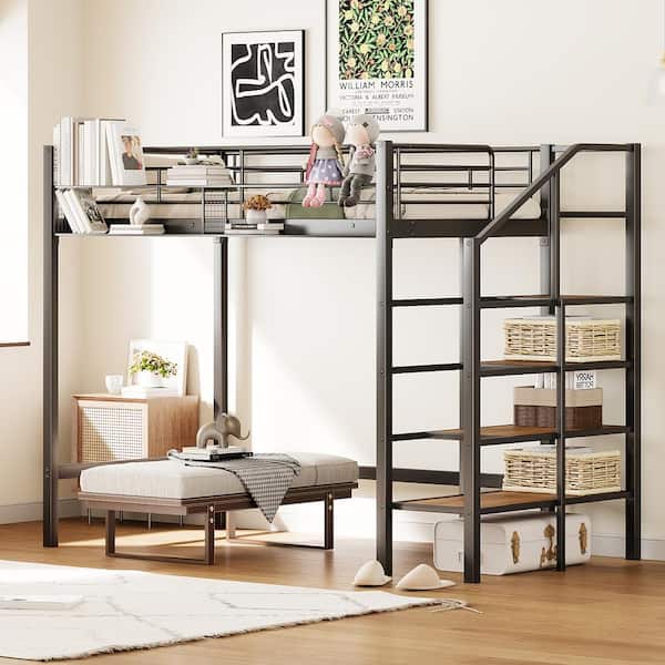 Harper & Bright Designs Black Twin Size Metal Loft Bed with Upper Bedside Grid Storage Shelf and Lateral Storage Ladder