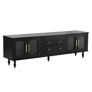 69.6 in. Black TV Stand Fits TVs up to 78 in. with Fluted Glass Doors, 2-Drawers and Cabinets