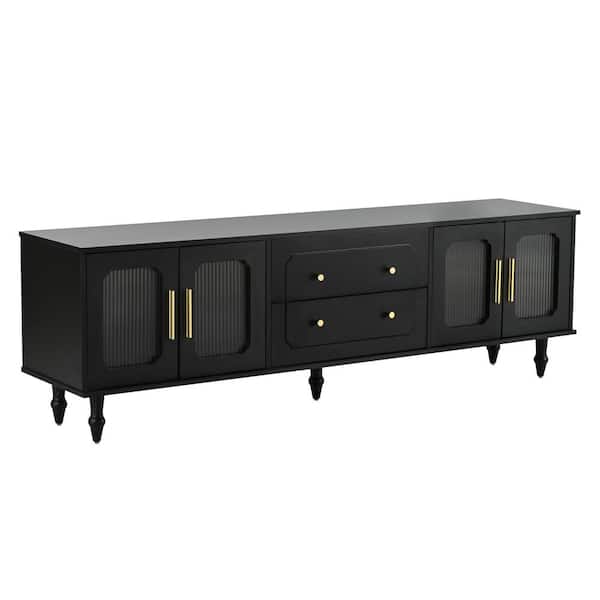 69.6 in. Black TV Stand Fits TVs up to 78 in. with Fluted Glass Doors, 2-Drawers and Cabinets