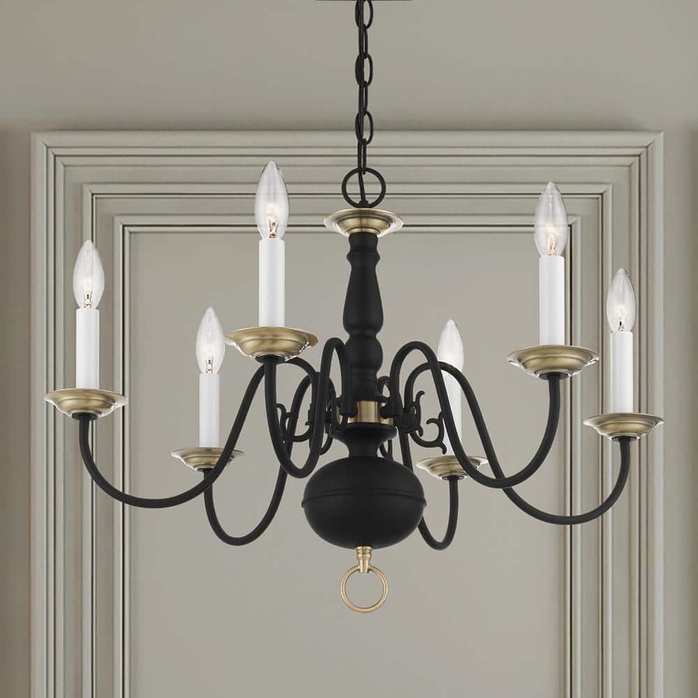 Elegant Colonial Black and Antique Brass 6-Light Crystal Chandelier