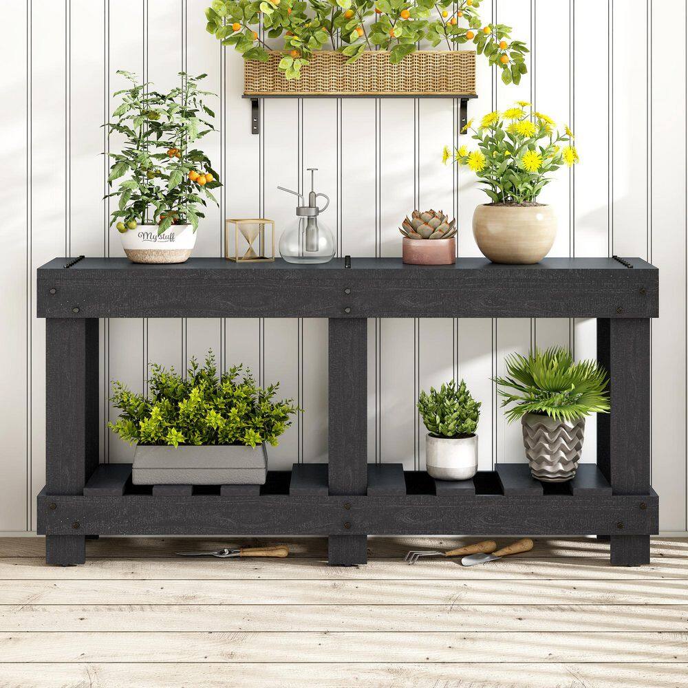 63 in. Black Rectangle Fir Solid Wood Console Table with 6-Reinforced Legs and 4.5 in. Thick Desktop