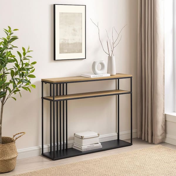 Welwick Designs 41 in. Coastal Oak/Black Rectangle Metal and Wood Industrial 2-Tier Console Table with Bar Details