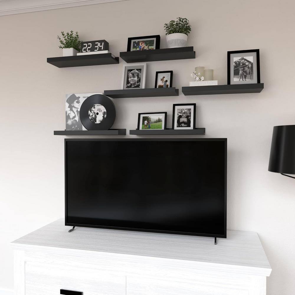 Set of 6 Black MDF Floating Wall Shelves with Ledge