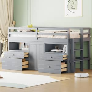 Gray Wood Frame Twin Size Loft Bed with 4 Drawers, Underneath Cabinet, Storage Shelves, Full-Length Bedrails