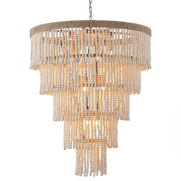 31.5" 5-Tier 9-Light Gold Farmhouse Wood Bead Chandelier with Adjustable Chain for Kitchen, Entryway and Foyer