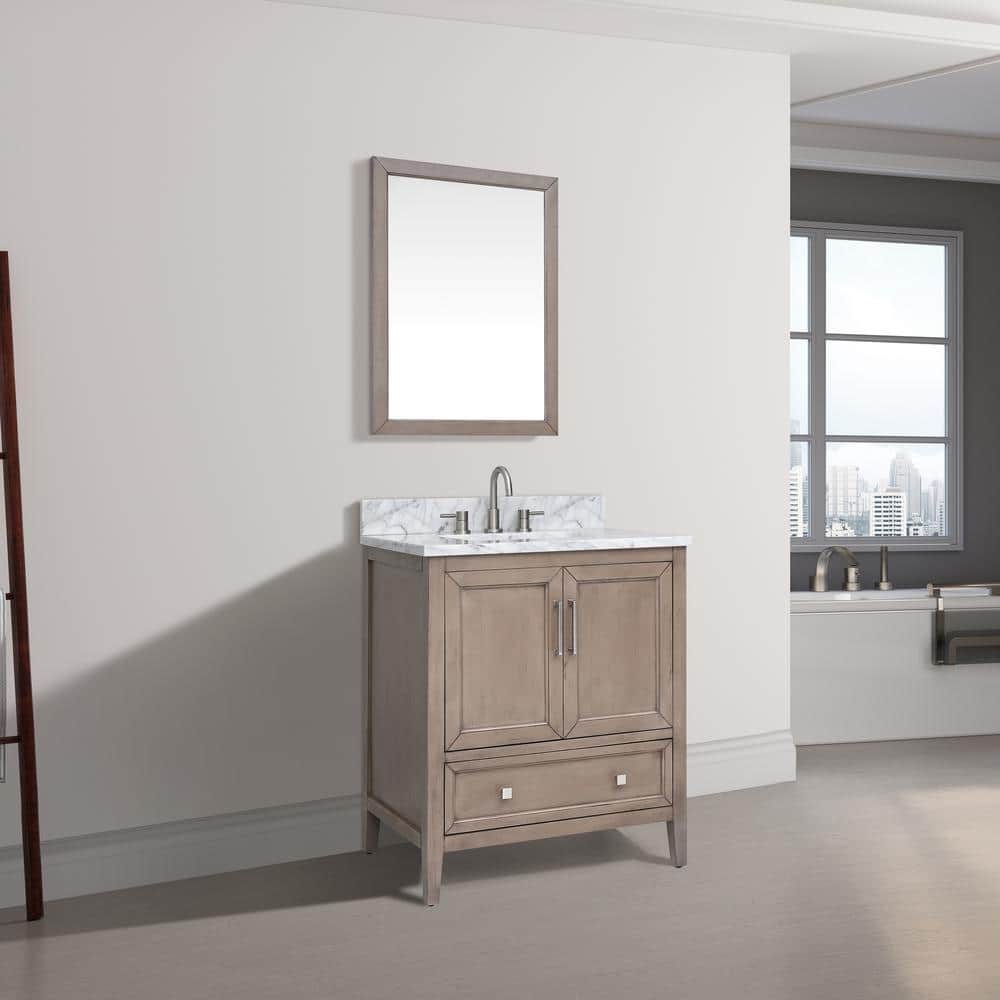 Gray Oak Single Sink Vanity with Carrara White Marble Top