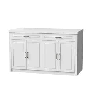White Finish Wood Top 61 in. Kitchen Island with Adjustable Shelves, Storage Drawers, Built-in Power Outlets