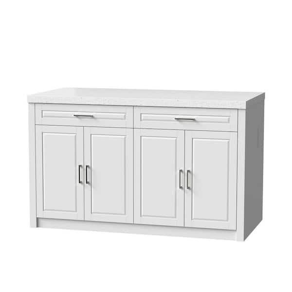 White Finish Wood Top 61 in. Kitchen Island with Adjustable Shelves, Storage Drawers, Built-in Power Outlets